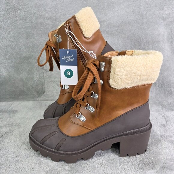 Womens Universal Threads Cheyenne Brown Heeled Duck Boots Sherpa Leather Size 9 - Picture 2 of 11